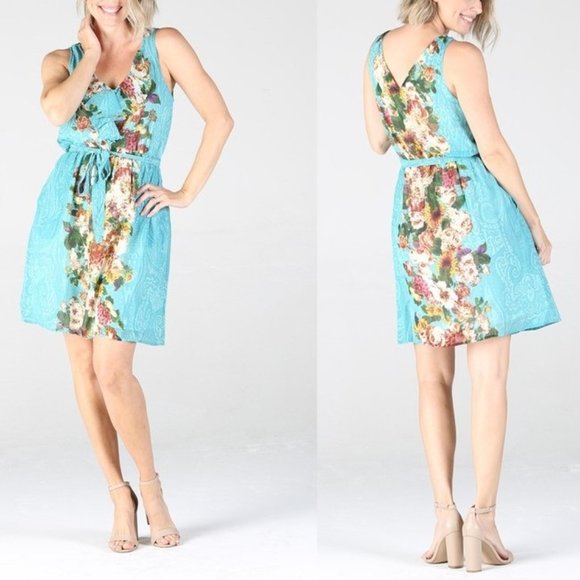 Floral Mini Dress • Turquoise • Tie Belt Waist • V-neck - Picture 1 of 3
